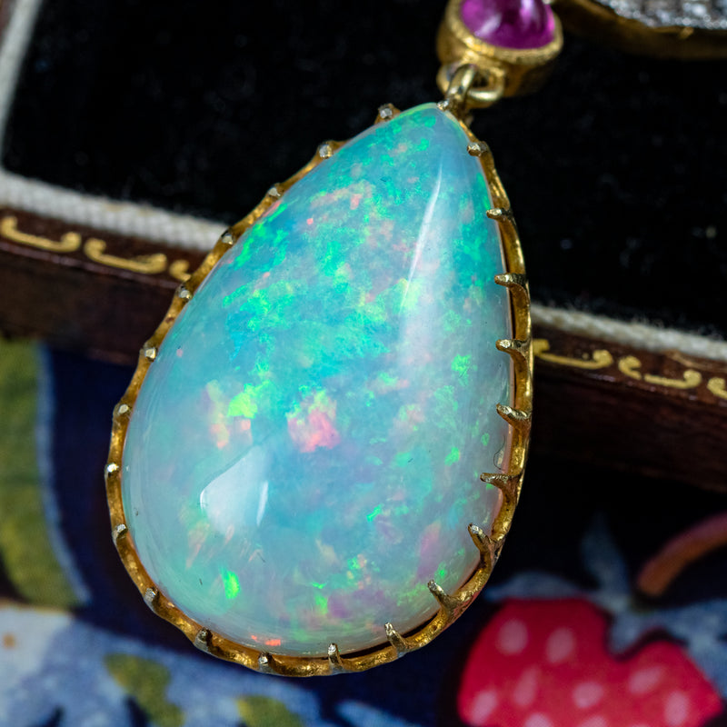 Vintage Opal Diamond Ruby Pendant Silver Gold With Box