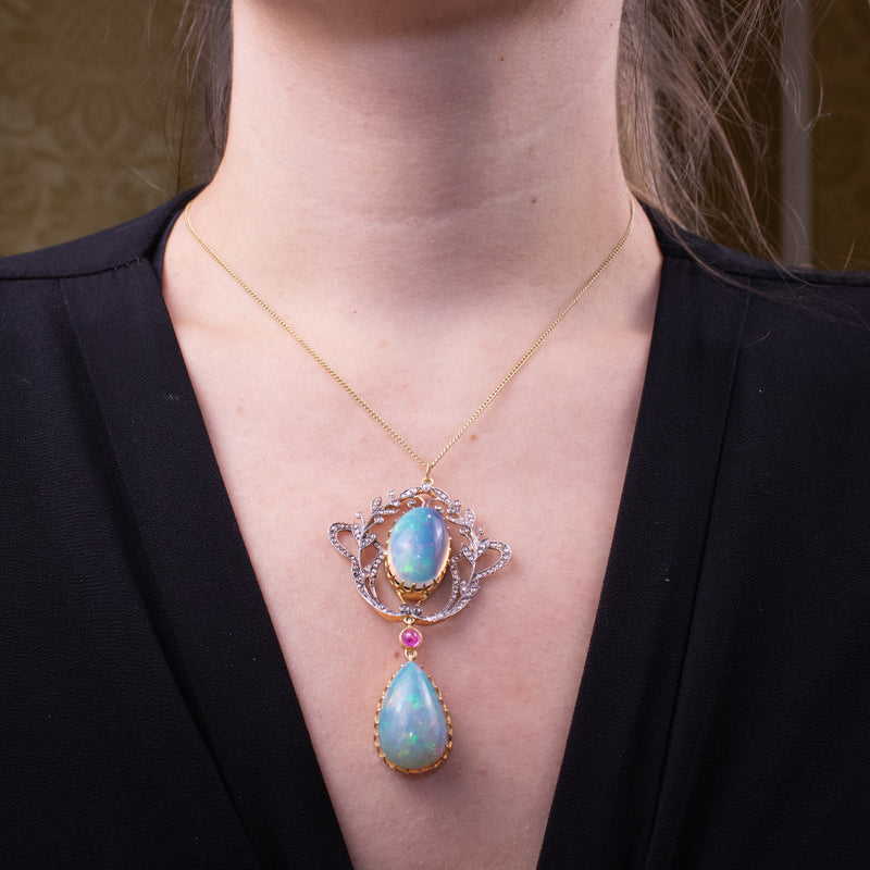 Vintage Opal Diamond Ruby Pendant Silver Gold With Box