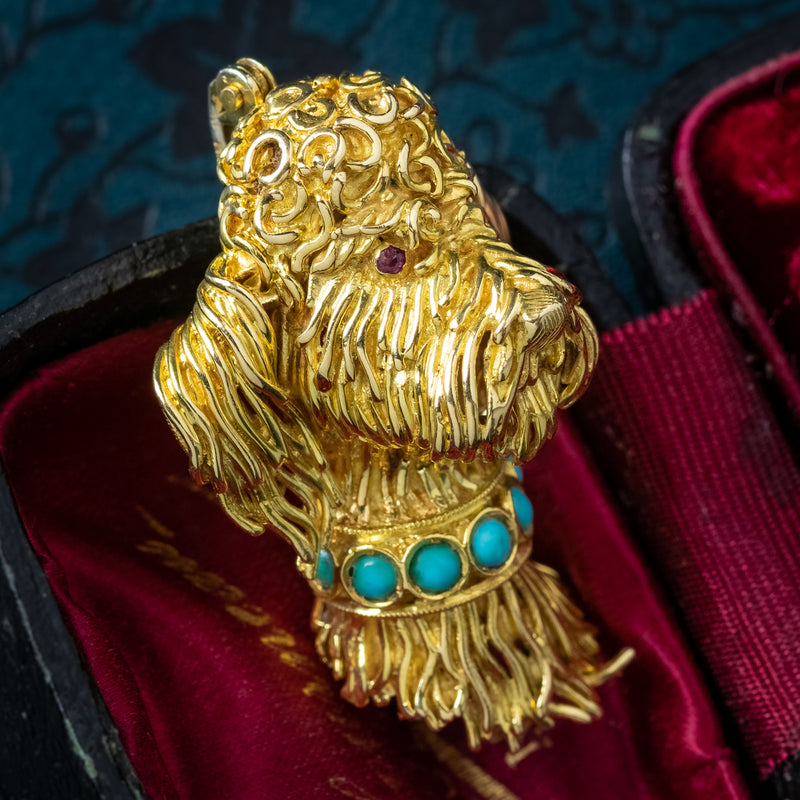 Vintage Poodle Dog Brooch 18ct Gold Turquoise Collar Ruby Eyes