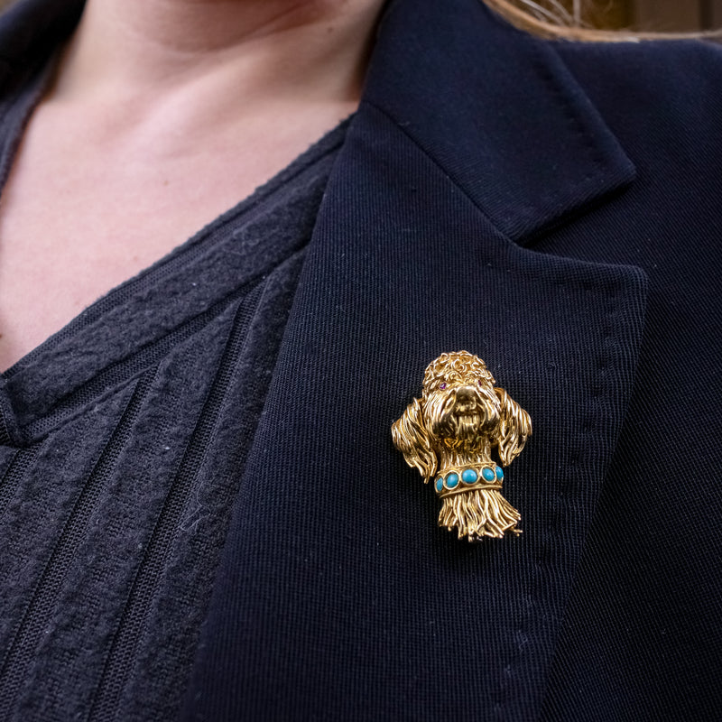 Vintage Poodle Dog Brooch 18ct Gold Turquoise Collar Ruby Eyes