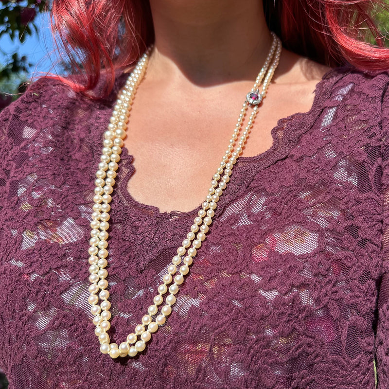 Vintage Double Strand Pearl Necklace Ruby Diamond Clasp With Cert