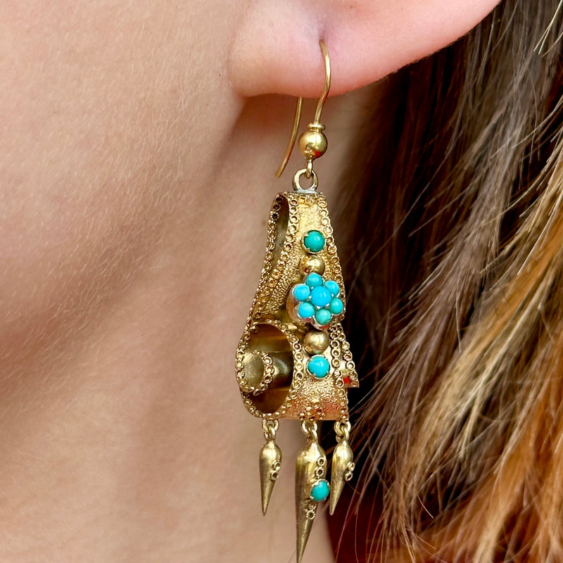 Antique Victorian Turquoise Etruscan Drop Earrings 18ct Gold