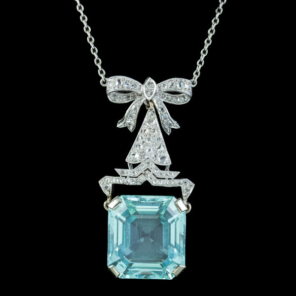 Antique Art Deco Aquamarine Diamond Lavaliere Necklace 30ct Aqua