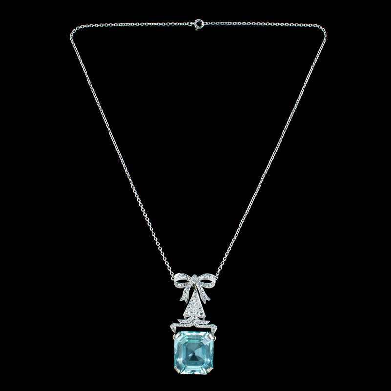 Antique Art Deco Aquamarine Diamond Lavaliere Necklace 30ct Aqua