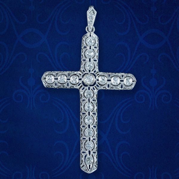 Antique Art Deco Diamond Cross Pendant 18ct Gold 1.4ct Total