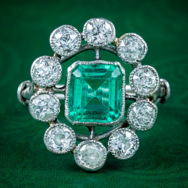 Antique Art Deco Emerald Diamond Cluster Ring 1.7ct Emerald 