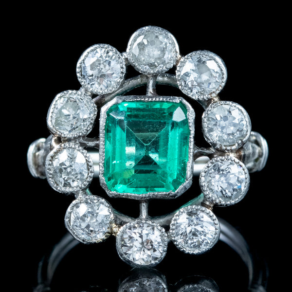 Antique Art Deco Emerald Diamond Cluster Ring 1.7ct Emerald 