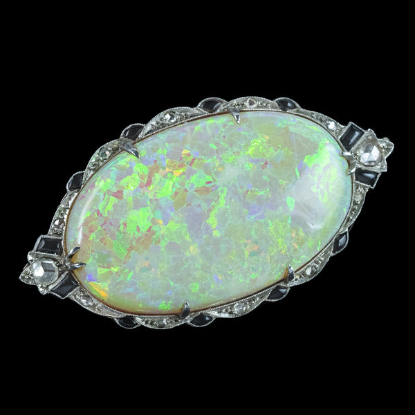 Antique Art Deco Opal Diamond Onyx Brooch 18ct Gold With Box 