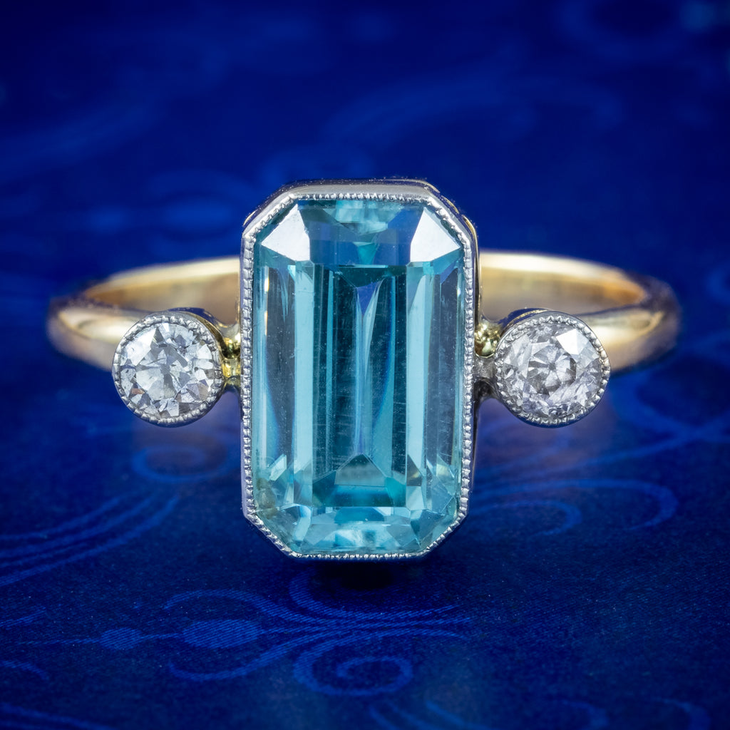 Antique Edwardian Aquamarine Diamond Trilogy Ring 3ct Aqua