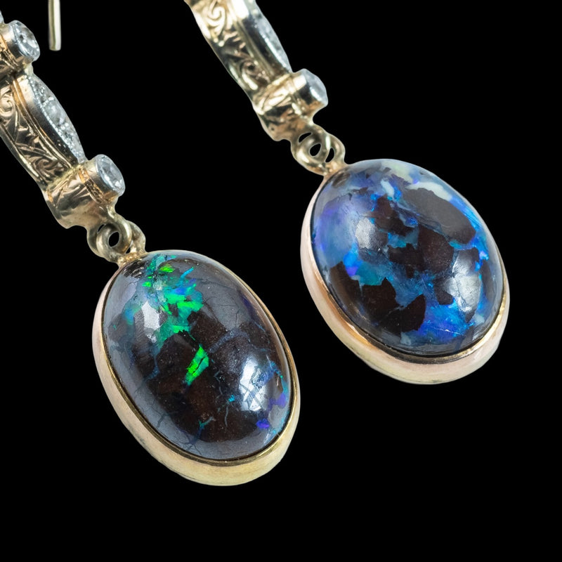 Antique Edwardian Black Opal Diamond Drop Earrings Platinum 18ct Gold