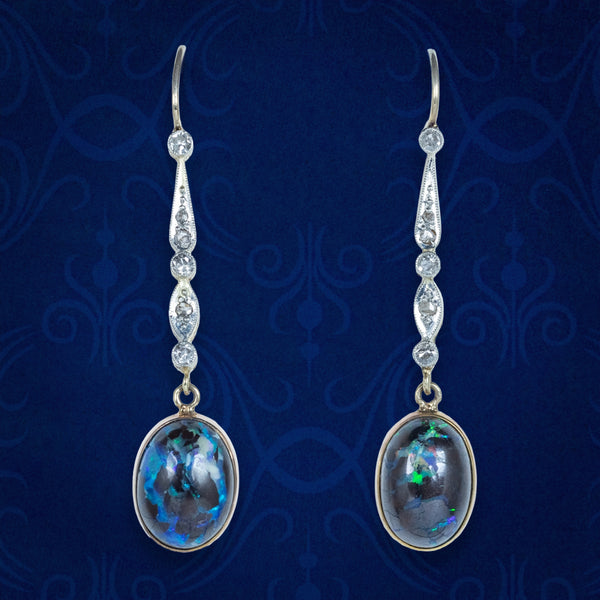 Antique Edwardian Black Opal Diamond Drop Earrings Platinum 18ct Gold