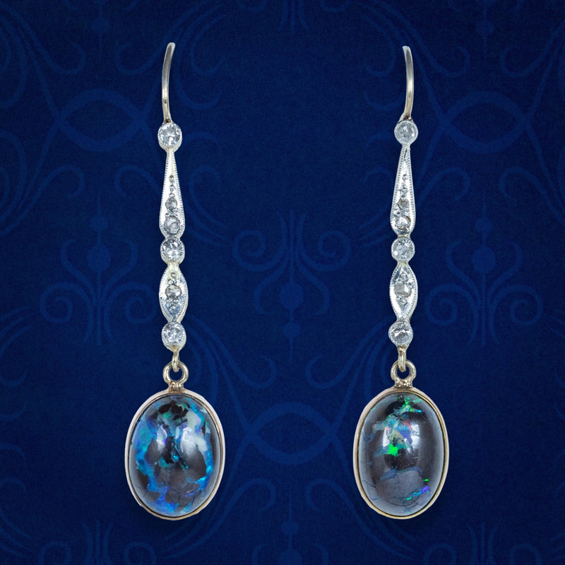 Antique Edwardian Black Opal Diamond Drop Earrings Platinum 18ct Gold