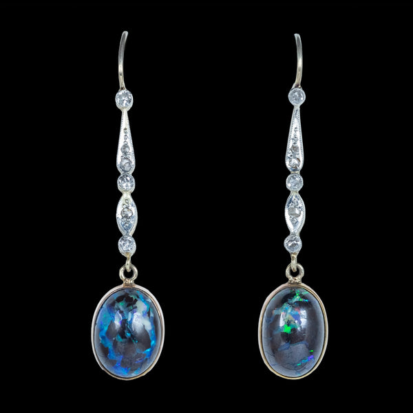 Antique Edwardian Black Opal Diamond Drop Earrings Platinum 18ct Gold