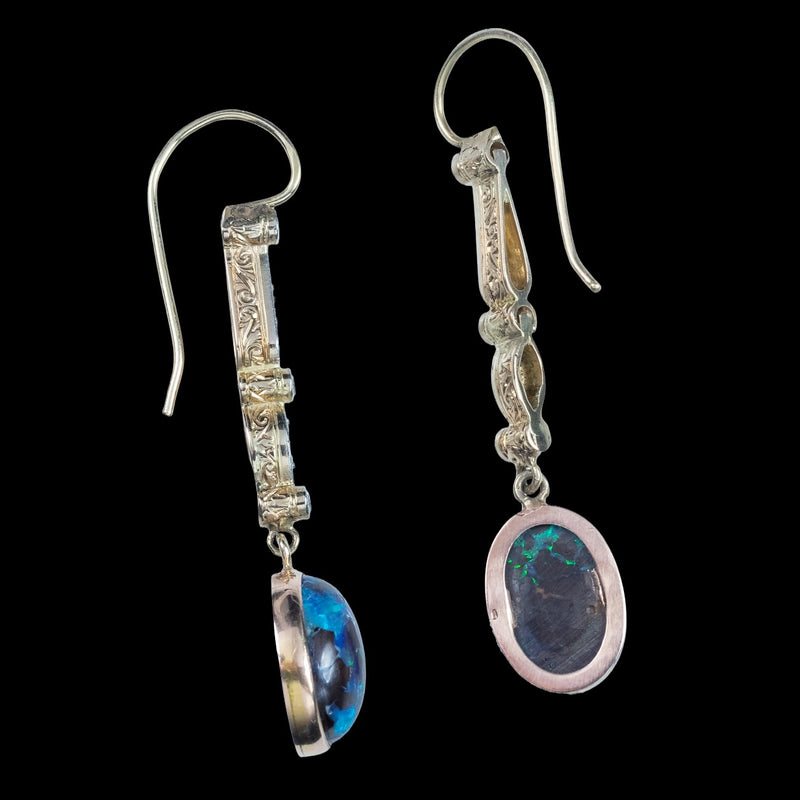 Antique Edwardian Black Opal Diamond Drop Earrings Platinum 18ct Gold