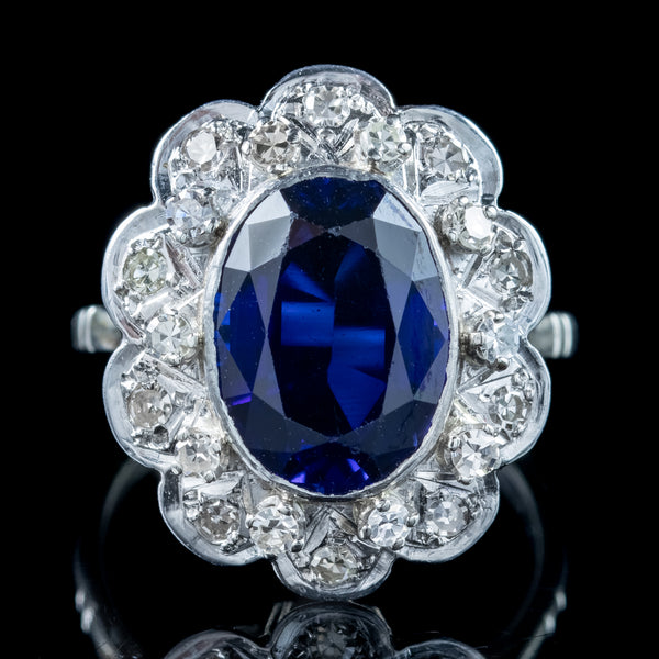 Antique Edwardian Blue Sapphire Diamond Cluster Ring 4.2ct Synthetic Sapphire 