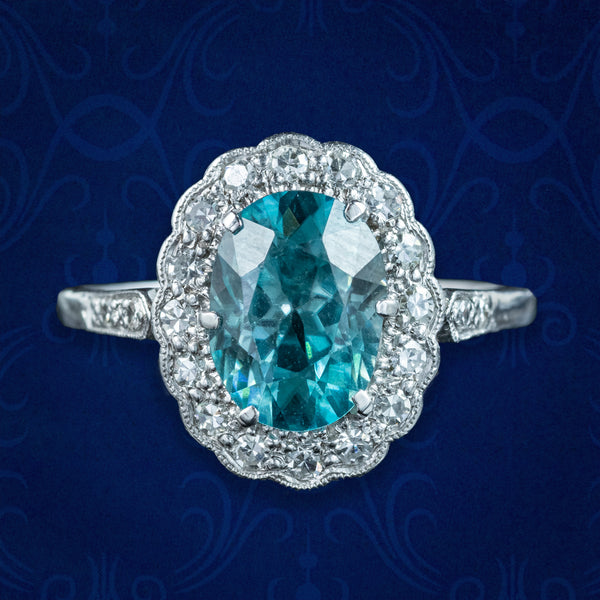 Antique Edwardian Blue Zircon Diamond Cluster Ring 2.5ct Zircon
