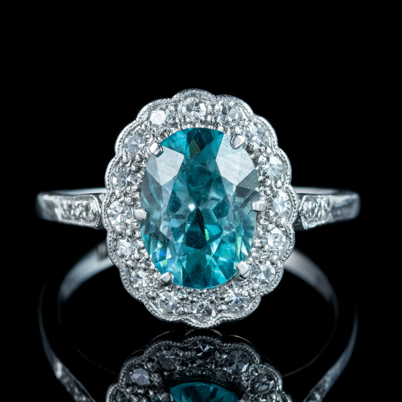 Antique Edwardian Blue Zircon Diamond Cluster Ring 2.5ct Zircon