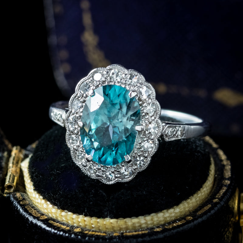 Antique Edwardian Blue Zircon Diamond Cluster Ring 2.5ct Zircon