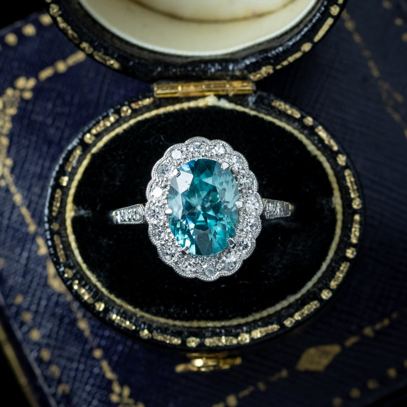Antique Edwardian Blue Zircon Diamond Cluster Ring 2.5ct Zircon