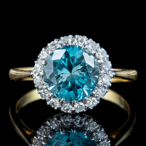 Antique Edwardian Blue Zircon Diamond Cluster Ring 3.2ct Zircon 