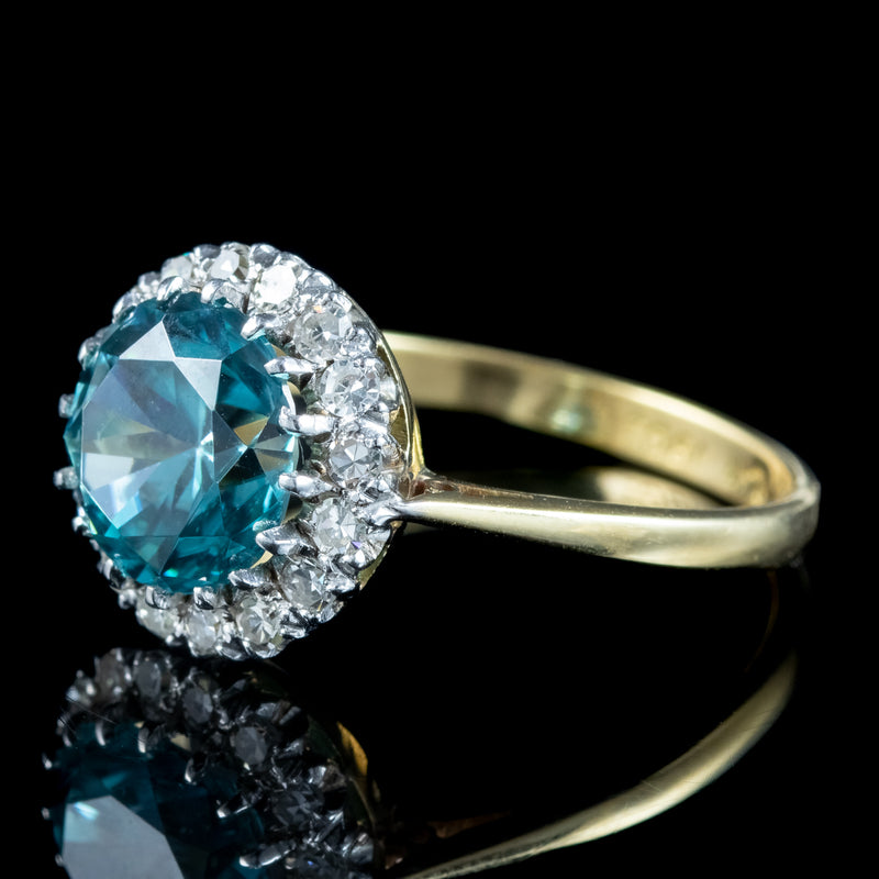 Antique Edwardian Blue Zircon Diamond Cluster Ring 3.2ct Zircon 