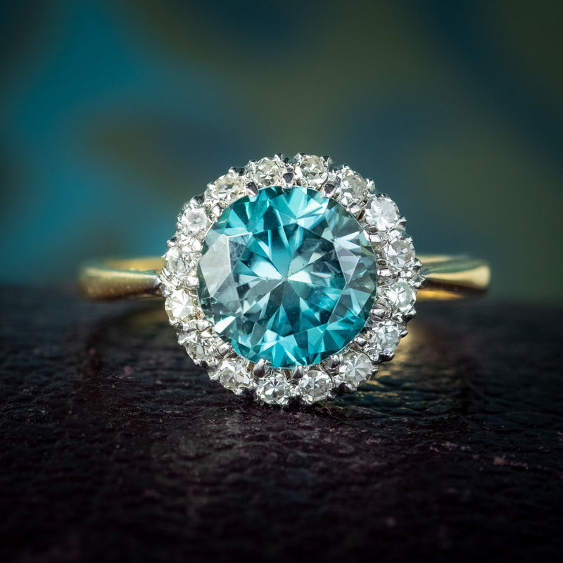 Antique Edwardian Blue Zircon Diamond Cluster Ring 3.2ct Zircon 