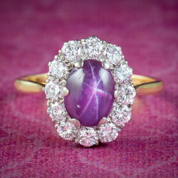 Antique Edwardian Star Ruby Diamond Ring 1.8ct Cabochon Ruby