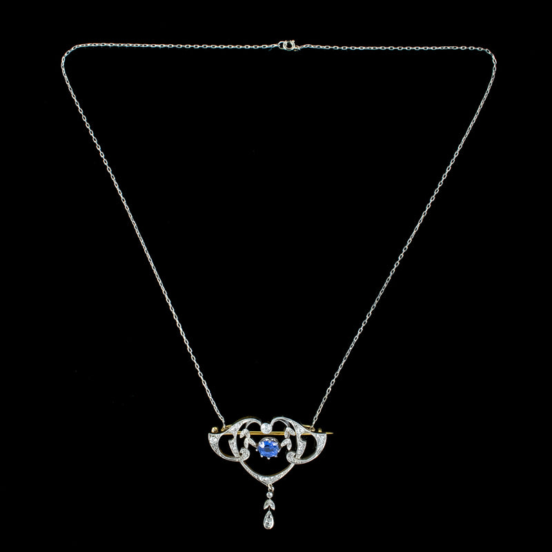 Antique Edwardian Ceylon Sapphire Diamond Lavaliere Pendant Necklace With Cert