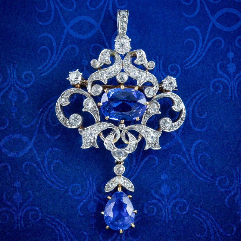 Antique Edwardian Ceylon Sapphire Diamond Pendant 6.04ct Sapphires With Cert