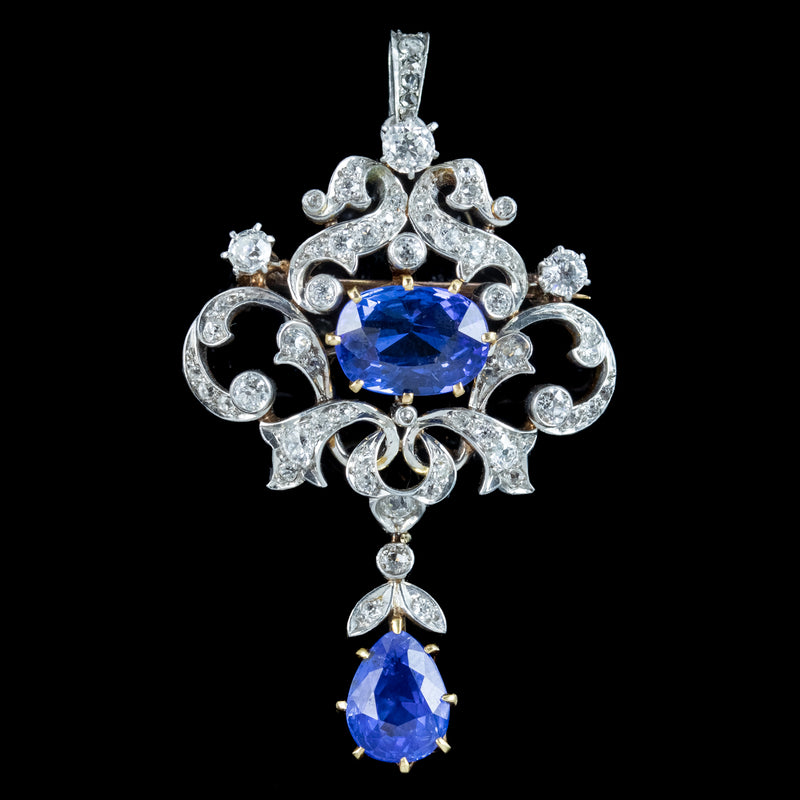Antique Edwardian Ceylon Sapphire Diamond Pendant 6.04ct Sapphires With Cert