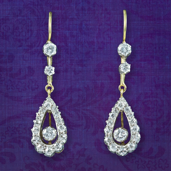 Antique Edwardian Diamond Drop Earrings 18ct Gold 1ct Total