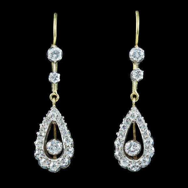 Antique Edwardian Diamond Drop Earrings 18ct Gold 1ct Total