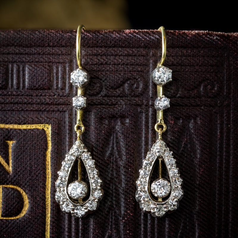 Antique Edwardian Diamond Drop Earrings 18ct Gold 1ct Total