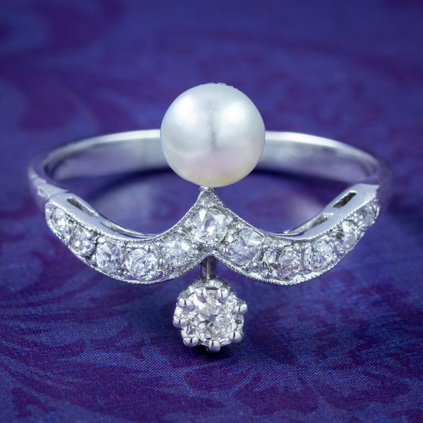 Antique Edwardian Diamond Pearl Toi Et Moi Tiara Ring 0.50ct Total 