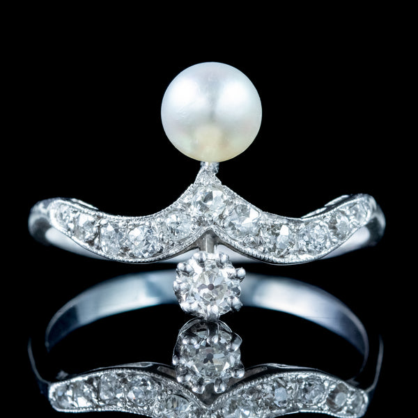 Antique Edwardian Diamond Pearl Toi Et Moi Tiara Ring 0.50ct Total 