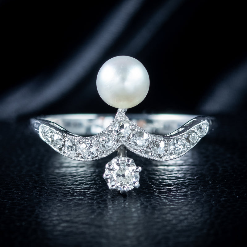 Antique Edwardian Diamond Pearl Toi Et Moi Tiara Ring 0.50ct Total 