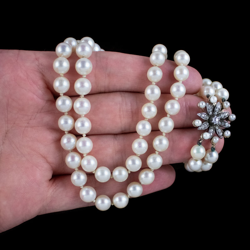 Antique Edwardian Double Strand Pearl Necklace Diamond Clasp