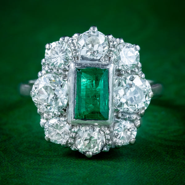 Antique Edwardian Emerald Diamond Cluster Ring 0.60ct Emerald