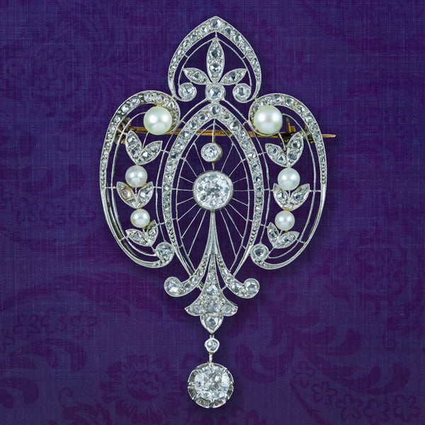 Antique Edwardian French Belle Epoque Diamond Pearl Brooch 