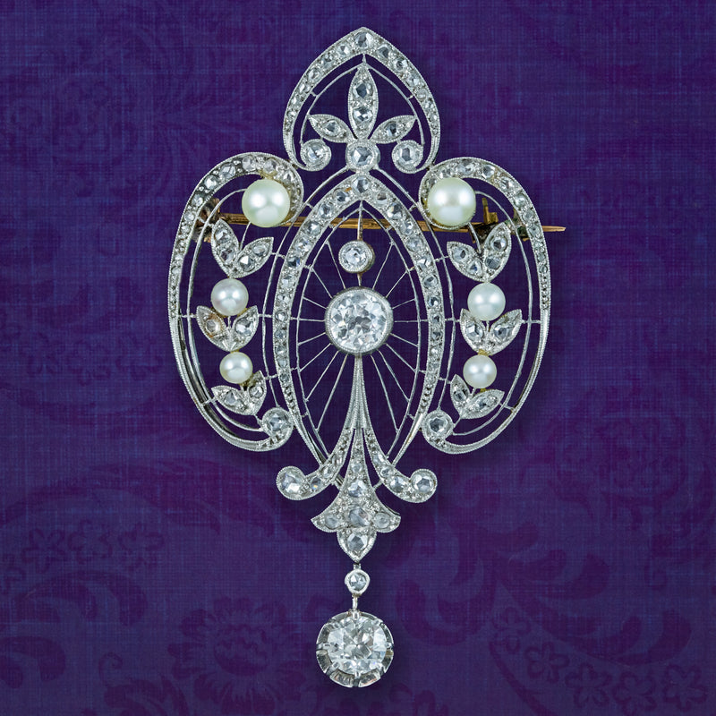 Antique Edwardian French Belle Epoque Diamond Pearl Brooch 