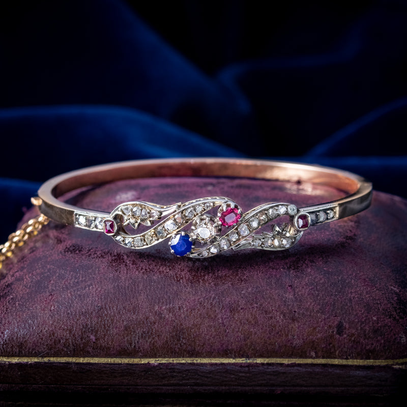 Antique Edwardian French Diamond Sapphire Ruby Bangle Platinum 18ct Gold 