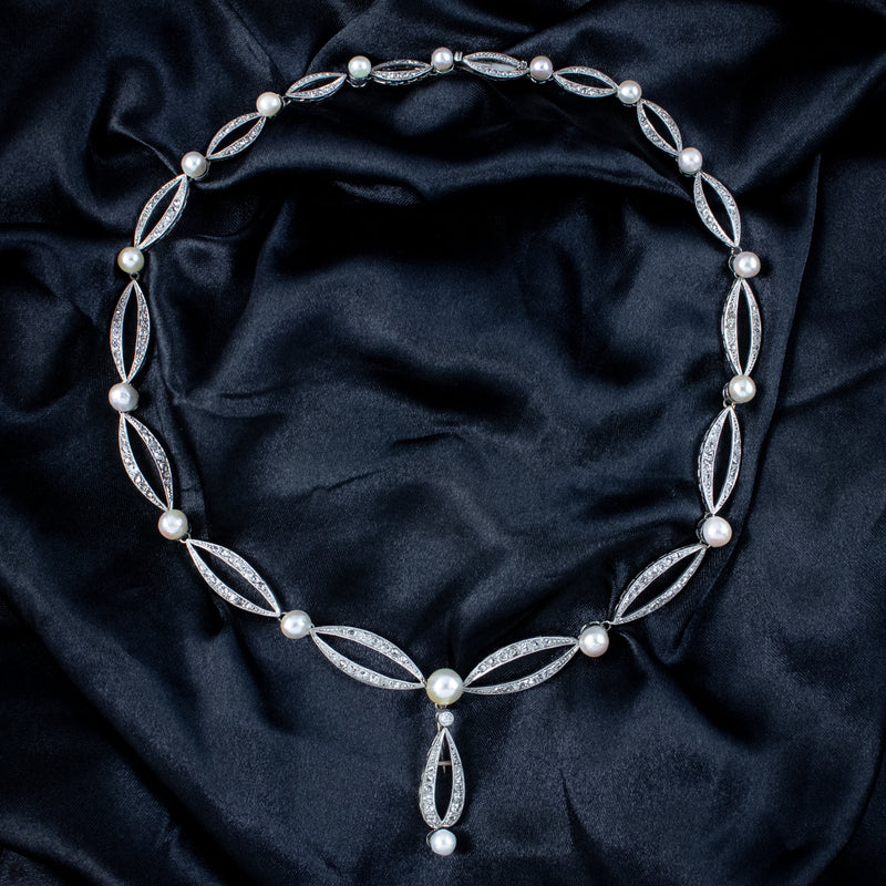 Antique Edwardian French Natural Pearl Diamond Collar Necklace With Cert