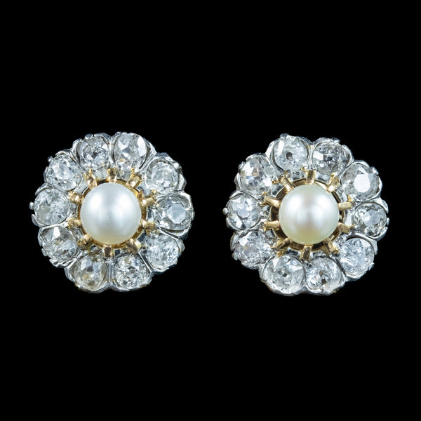 Antique Edwardian French Pearl Diamond Flower Stud Earrings 2ct Of Diamond