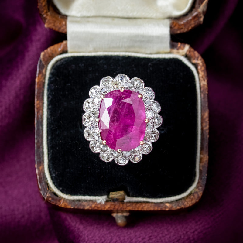 Antique Edwardian French Ruby Diamond Cluster Ring 9.52ct Burmese Ruby With Cert