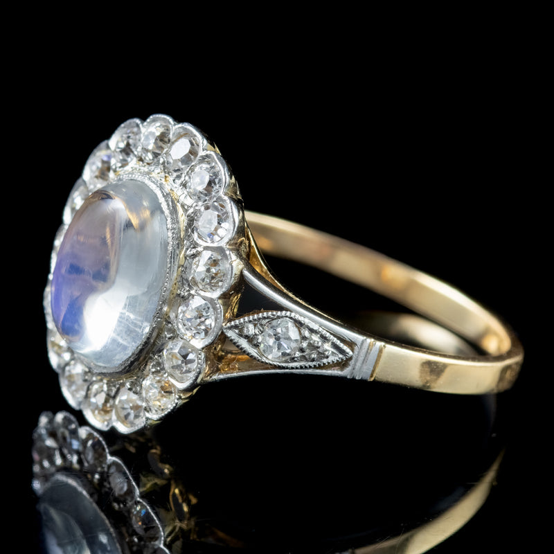 Antique Edwardian Moonstone Diamond Cluster Ring 1.45ct Moonstone