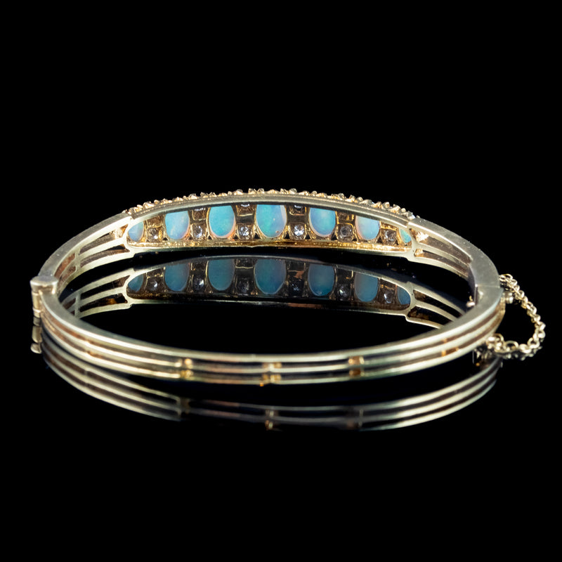 Antique Edwardian Opal Diamond Bangle 18ct Gold 3ct Of Opal