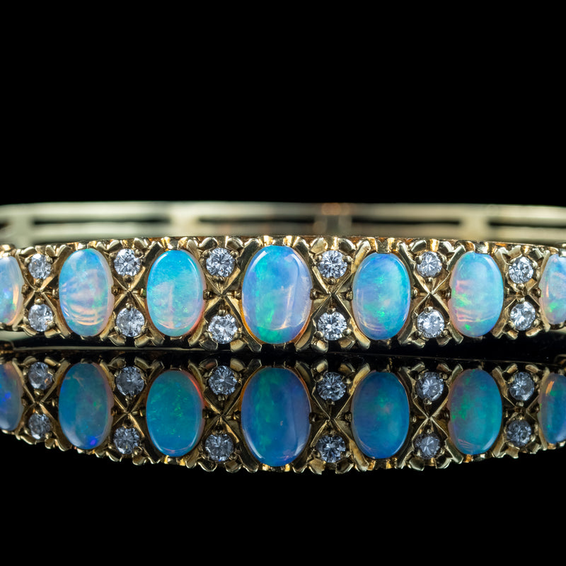 Antique Edwardian Opal Diamond Bangle 18ct Gold 3ct Of Opal