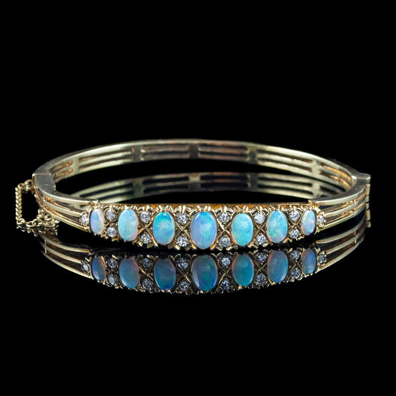 Antique Edwardian Opal Diamond Bangle 18ct Gold 3ct Of Opal