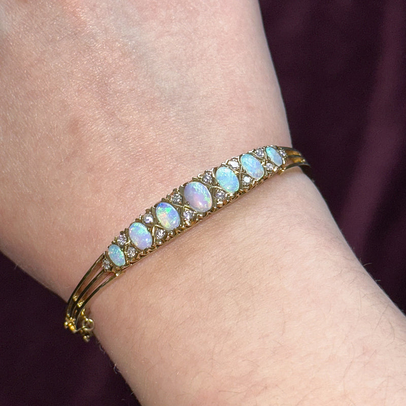 Antique Edwardian Opal Diamond Bangle 18ct Gold 3ct Of Opal