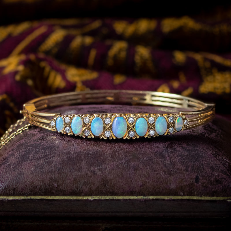 Antique Edwardian Opal Diamond Bangle 18ct Gold 3ct Of Opal